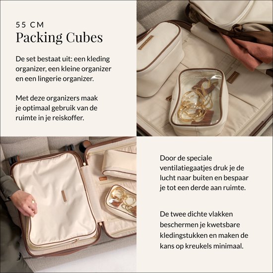 Crème packing cubes en een toilettas in een open koffer. Tekst over ruimtebesparing.