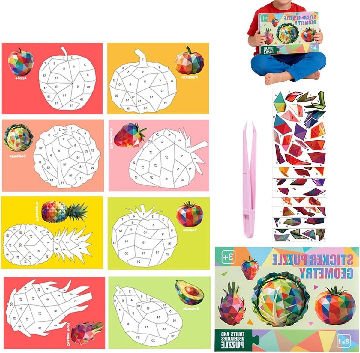 Zelfklevende Puzzelboeken - Sticker Mozaïek - Creatief Knutselen - Genummerde Combinaties - 8 Stuks - Groenten Fruit