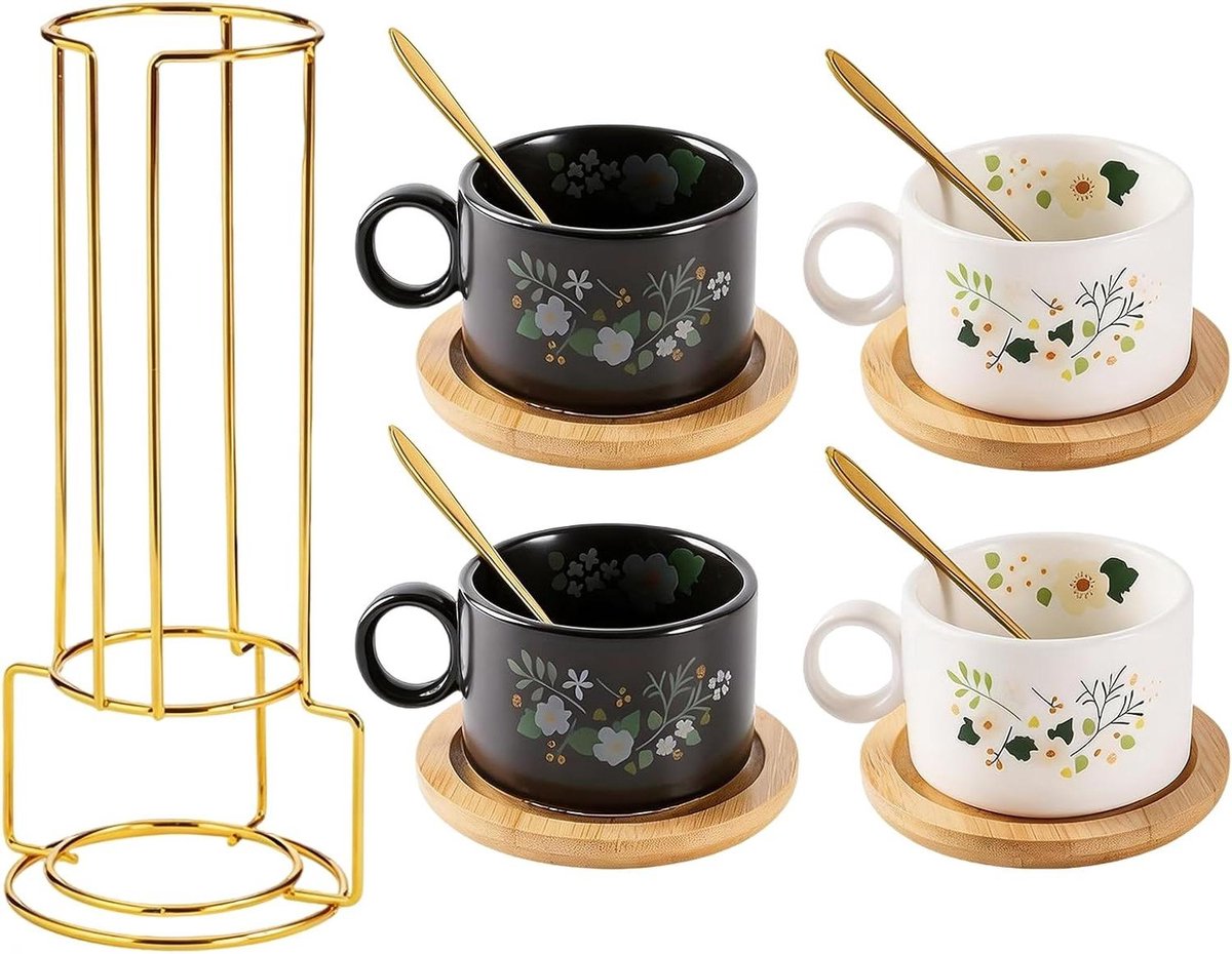 Espressokopjes Set - Koffiekopjes Mokken - Koffie Moment - Stapelbaar Met Standaard - 200 ml - Zwart Wit