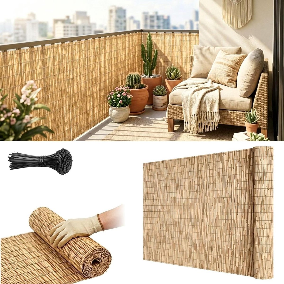 Balkonscherm Bamboe - Privacyscherm Tuinafscheiding - Meer Privacy Creëren - Handgeweven Structuur - H180xL800cm - Wit