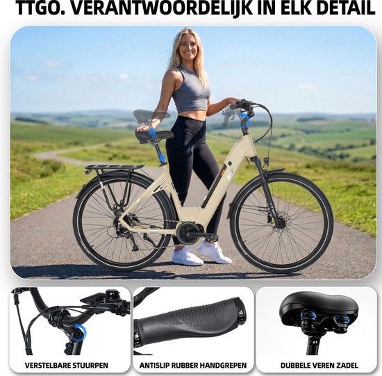 Elektrische Stadsfiets TTGO C7 SE - 28 INCH Banden - 250W Bafang Middenmotor - 36V18Ah Accu - Bereik tot 140km - Shimano 9 Versnellingen - Beige — afbeelding 3