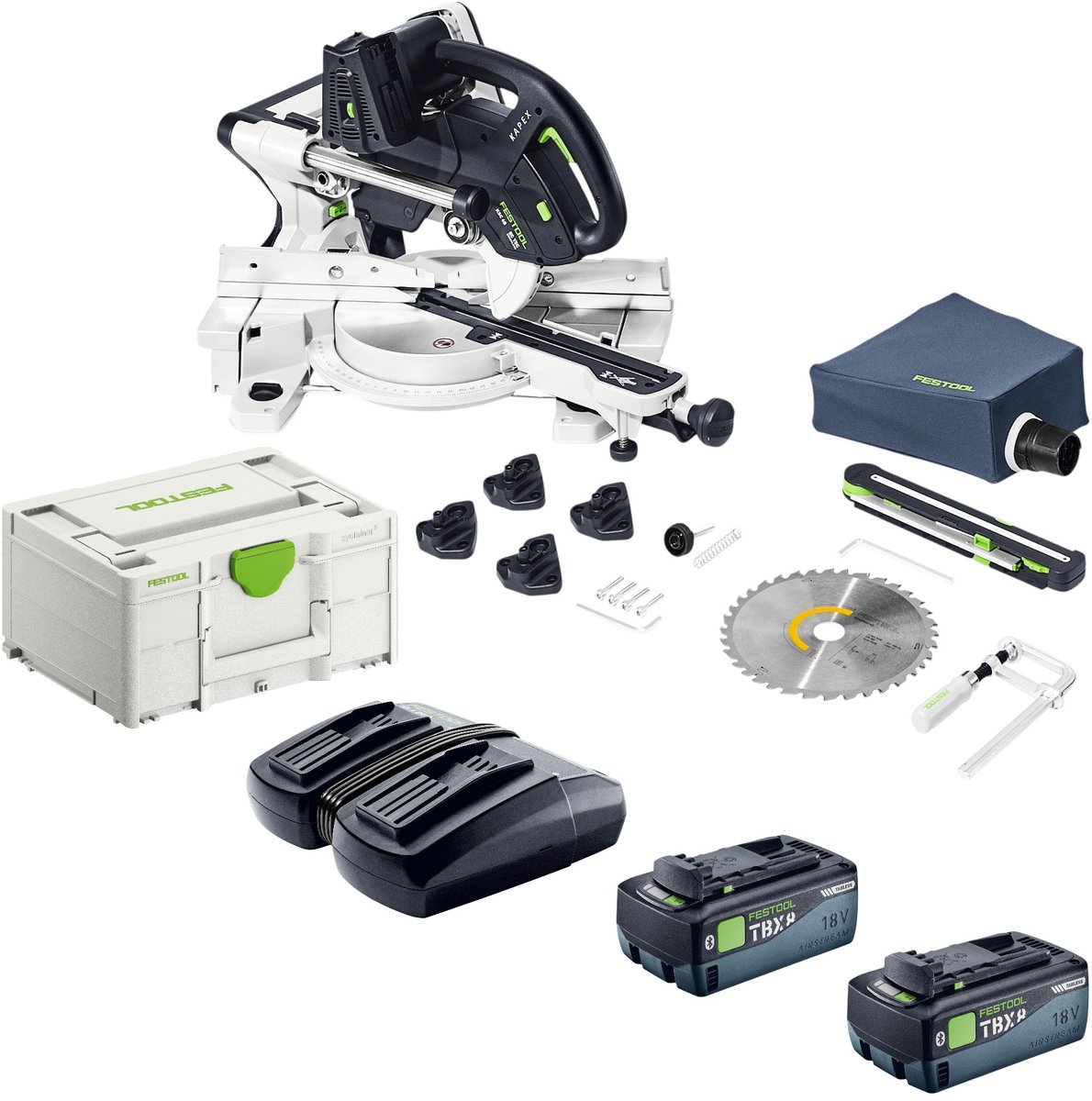 Festool KAPEX KSC 60 EB-Basic accu-afkort- en trekzaag 18 V / 36 V 216 mm borstelloos + 2x accu 8,0 Ah + dubbele lader + Systainer