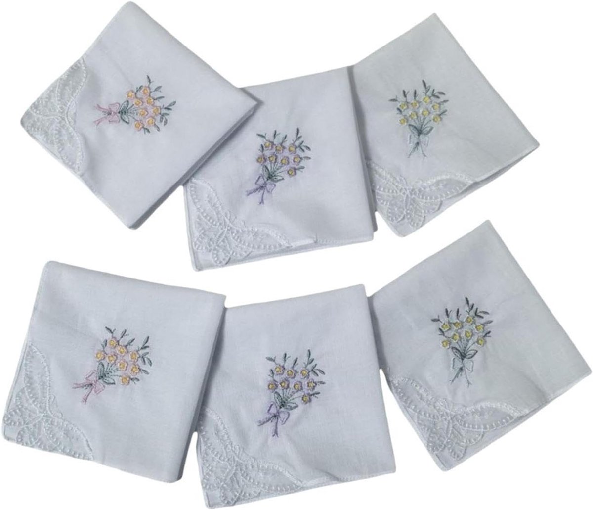 Lace Zakdoeken - Katoenen Doekjes - Bruiloft Accessoire - Bloemen Borduurwerk - 6 Stuks - Wit