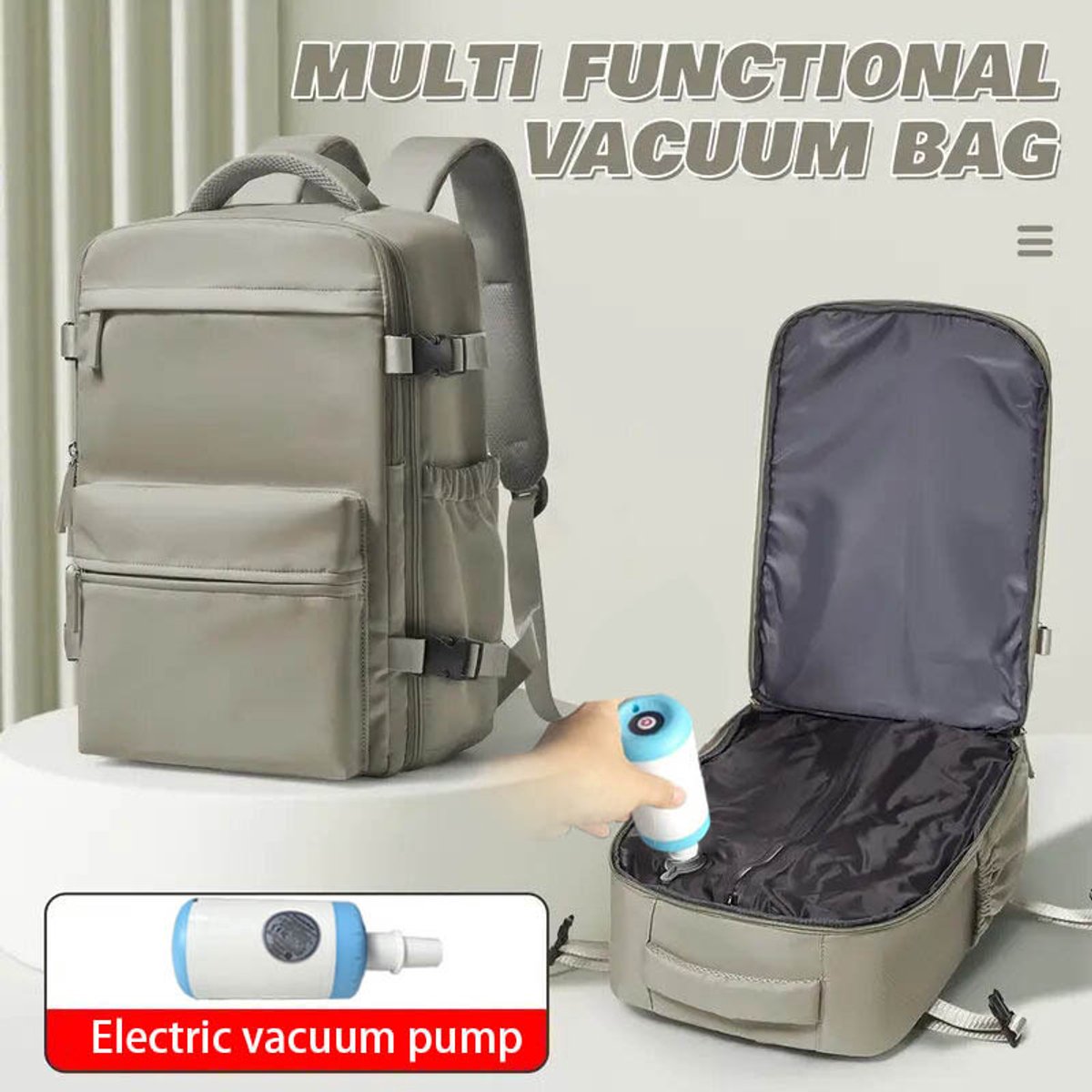 Vacuümrugzak - Vacuüm - Rugzak - Reistas - Inclusief Vacuümpompje - Handbagage - Grote Reisrugzak voor Dames en Heren - Vliegtuig - Koffer - Reisrugzak - Waterdichte Reistas - 42*29*15- grijsbruin - met elektrische pomp