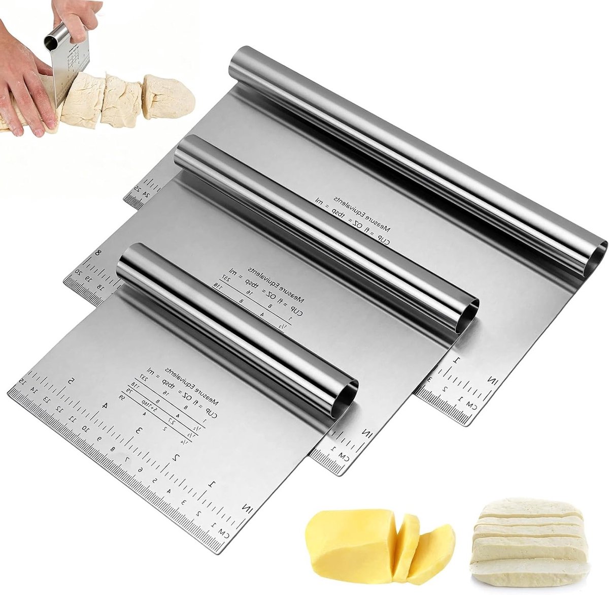Set van 3 roestvrijstalen deegschrapers en spatels voor pizza, cake en groenten, ideaal voor de keuken