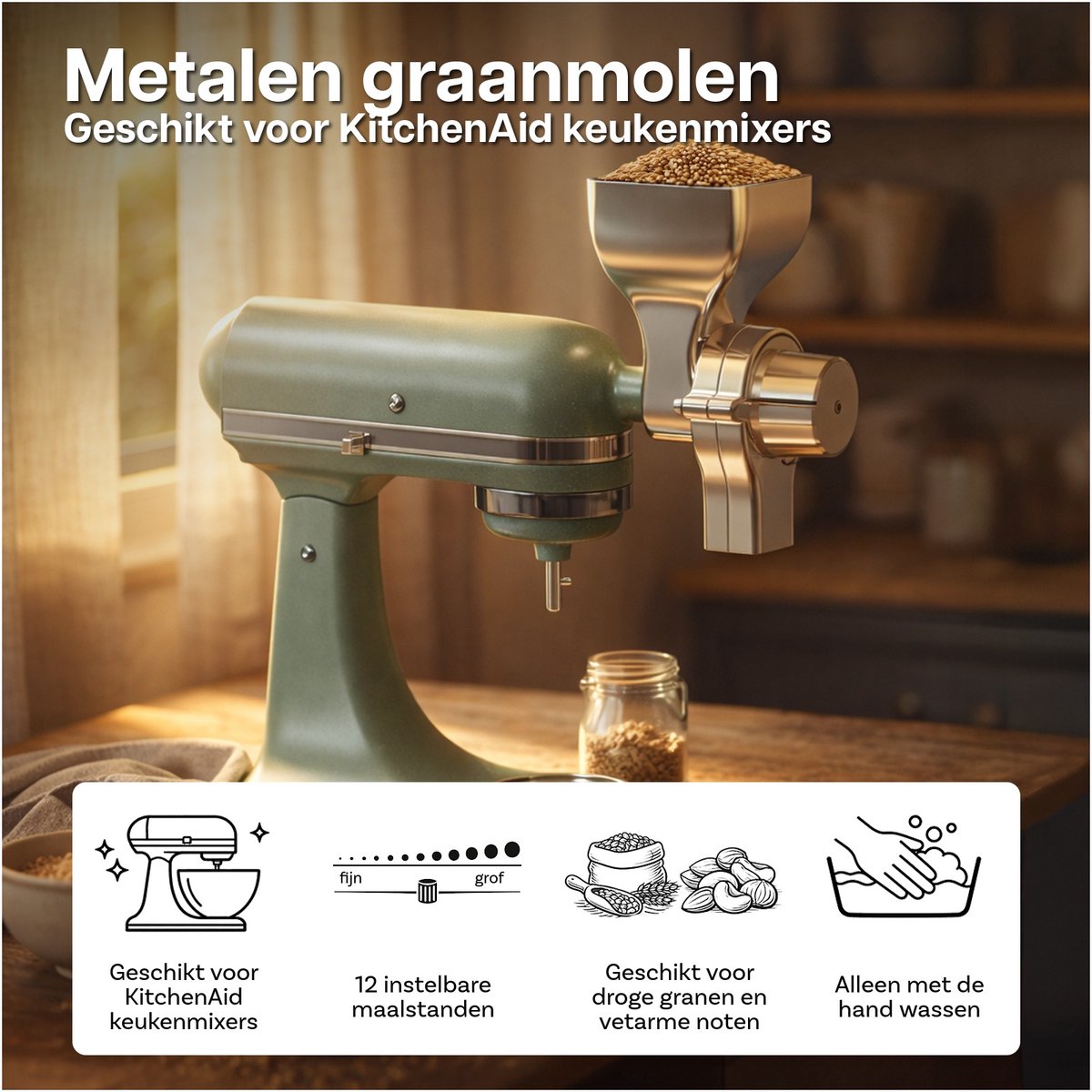 Graanmolen Opzetstuk voor KitchenAid Stand Mixer van MMOBIEL – 12 Instelbare Maalstanden – Metalen Graanmolen voor Malen van Tarwe, Maïs, Haver, Noten, Koffiebonen & Meer – Makkelijk Te Reinigen thumbnail 4