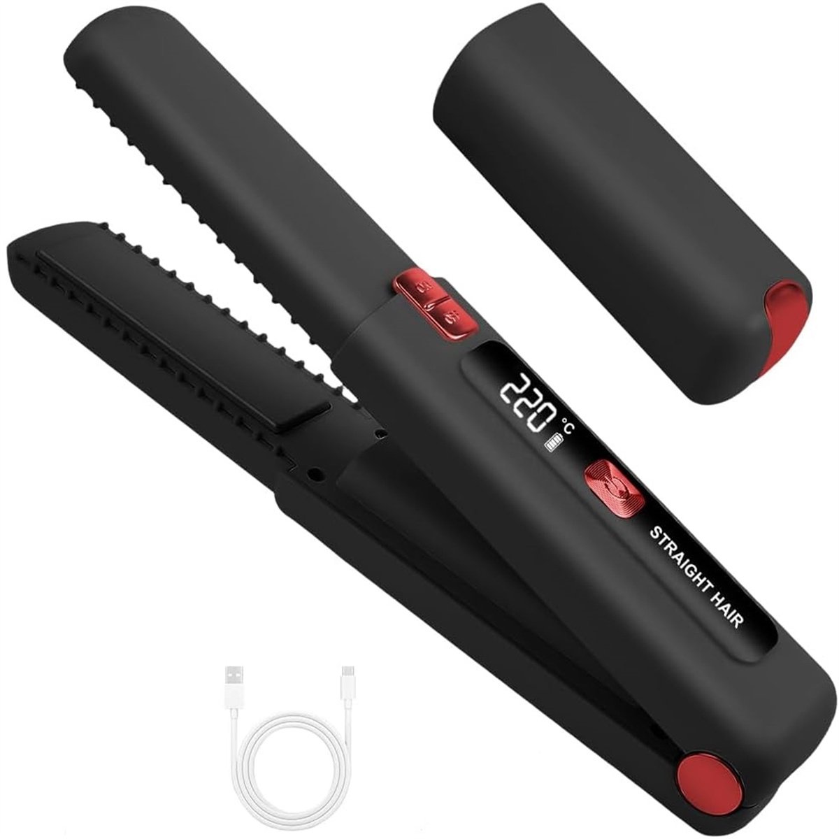 carmdering - 2 In 1 Glätteisen - Draadloos Stijltang - Reis Styling Tool - Snel Opwarmen Tot 220°C - 6 Temperatuurstanden - Keramiek Turmalijn Coating - LCD Scherm En Ionentechnologie - Ideaal Voor Onderweg En Reizen - 1 Stuk-zwart