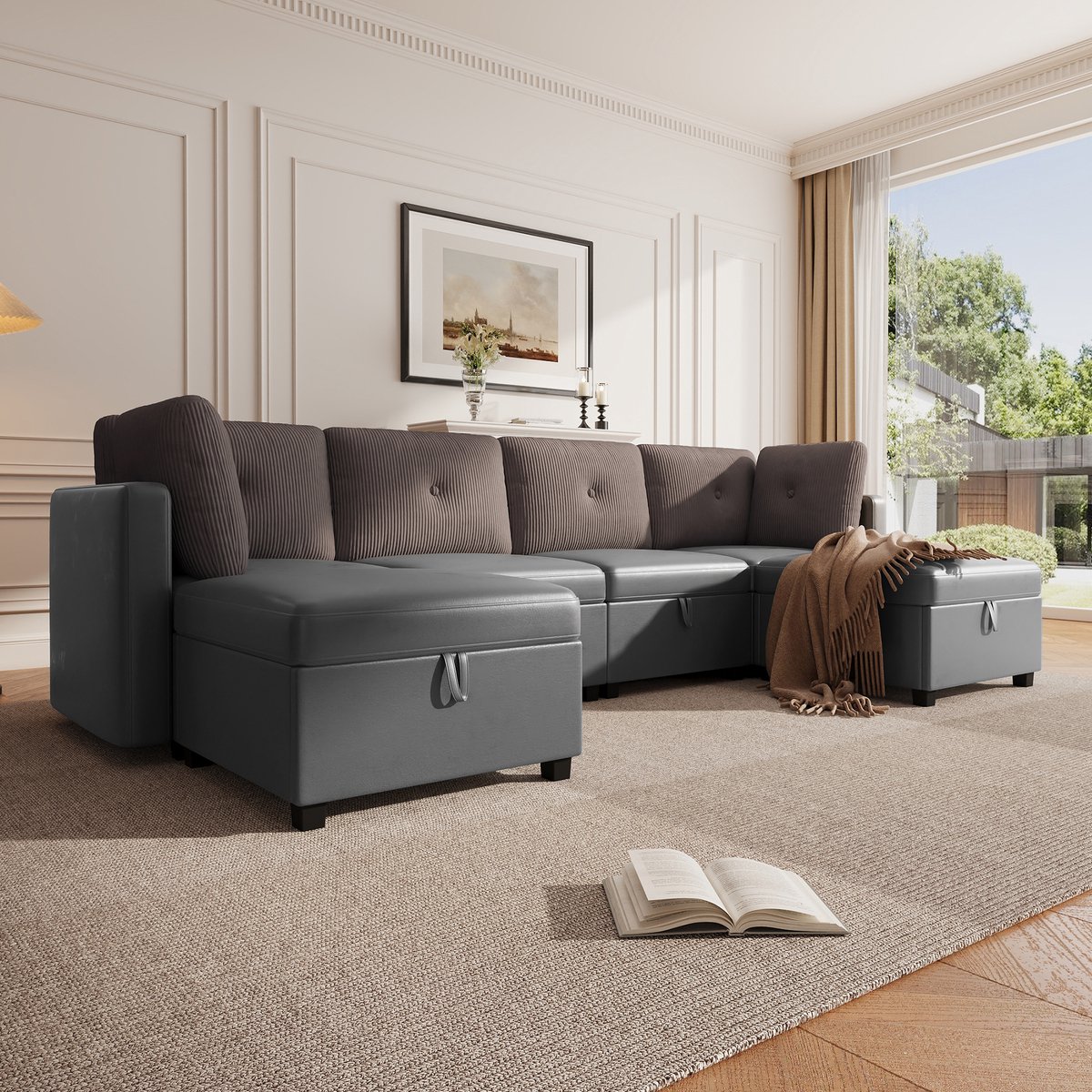Hoekbank - 6-delige U-vorm met Opbergruimte - L-vorm of Daybed - Fluweel Antiekgrijs