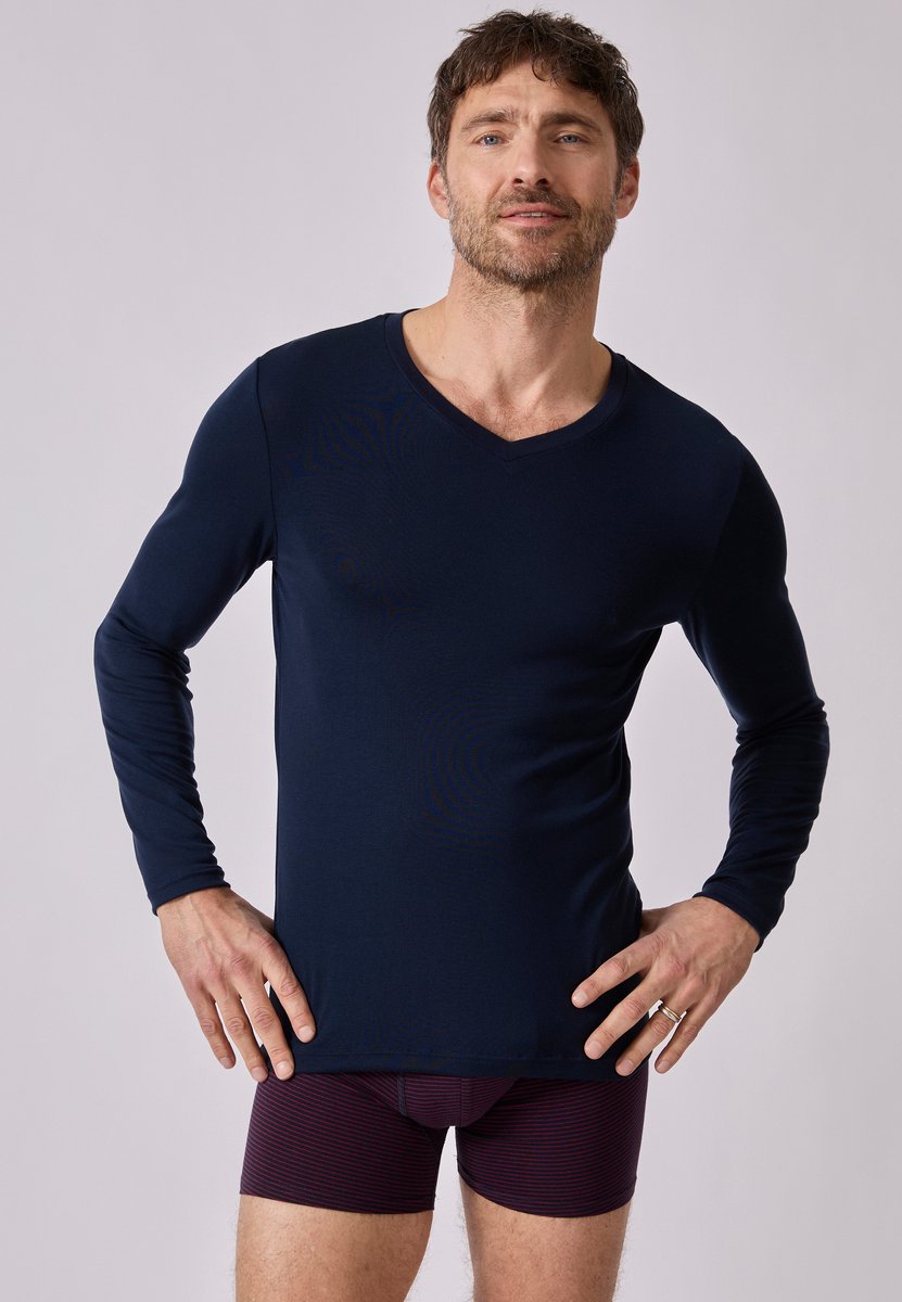 Damart - T-shirt met V-hals en lange mouwen fijn ribgebreid Thermolactyl Sensitive - Heren - Blauw - (86-93) S