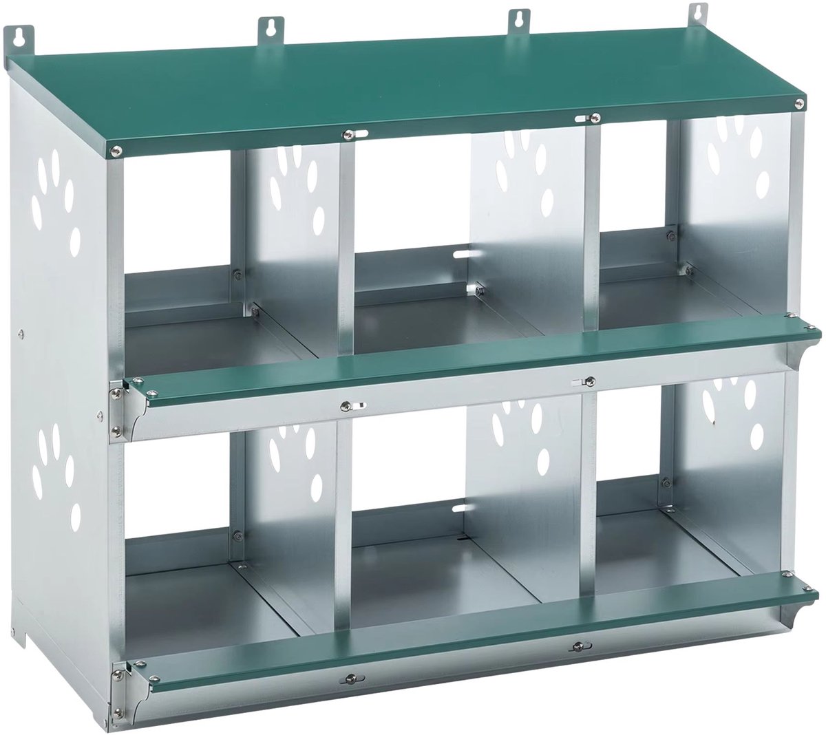 Kippenlegbatterij – Voor kippen / pluimveehouderij – 6-vaks, geventileerd en gemakkelijk te reinigen – Metaal in groen (81 × 86 cm)