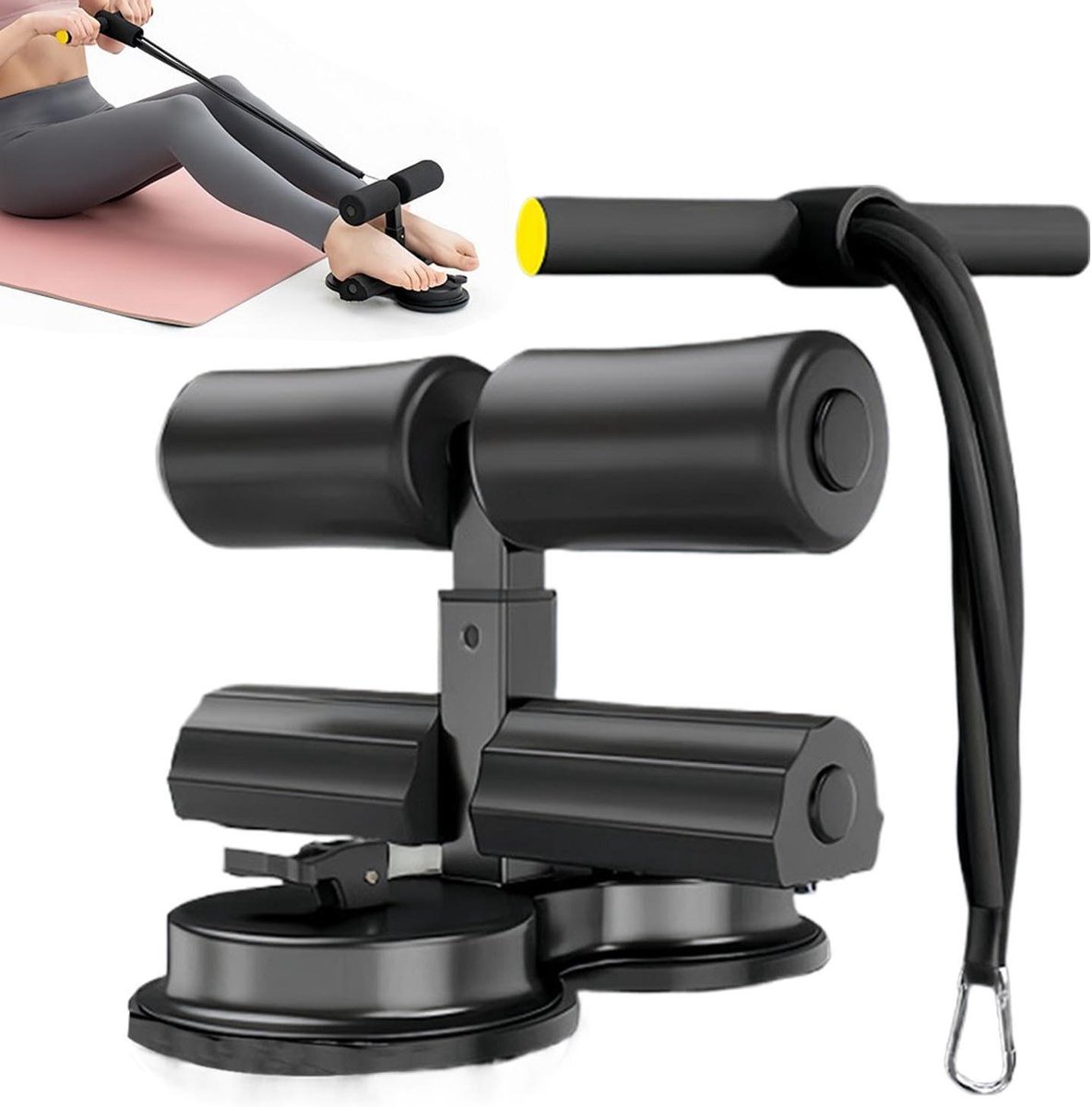 Vloer Sit-up Bar - Buikspier Trainer - Thuis Fitness - Dubbele Zuignap Stabiliteit - 30x15x10 cm - Zwart