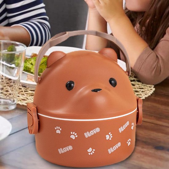 Isolerende Lunchbox - Bento Box - Eten Warm Houden - Leuk Berenontwerp - 15.6 x 15.1 cm - Koffie — afbeelding 5