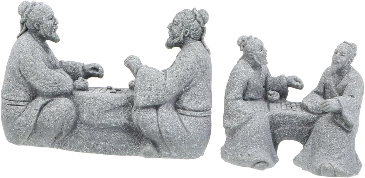 Tuin Ornamenten - Dorpstaferelen - Miniatuur Decoratie - Zandsteen Materiaal - 4 Delige Set - Grijs