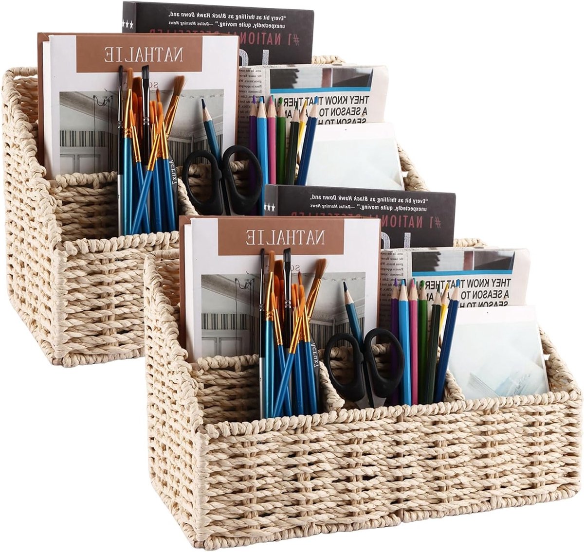 2 Stuks Bureau Organizer van Natuurlijk Geweven Materiaal voor Pennen en Notebooks, 31,5 x 15,5 x 20 cm, Ideaal voor Kantoor en Thuisgebruik