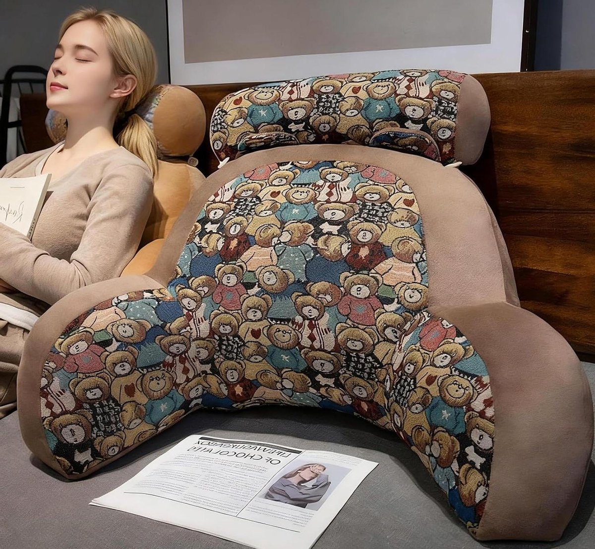 Leeskussen met armleuningen - Leesondersteuning bed - Ontspannen lezen - Ademende ijszijde stof - 80x60 cm - Kleine beer bruin