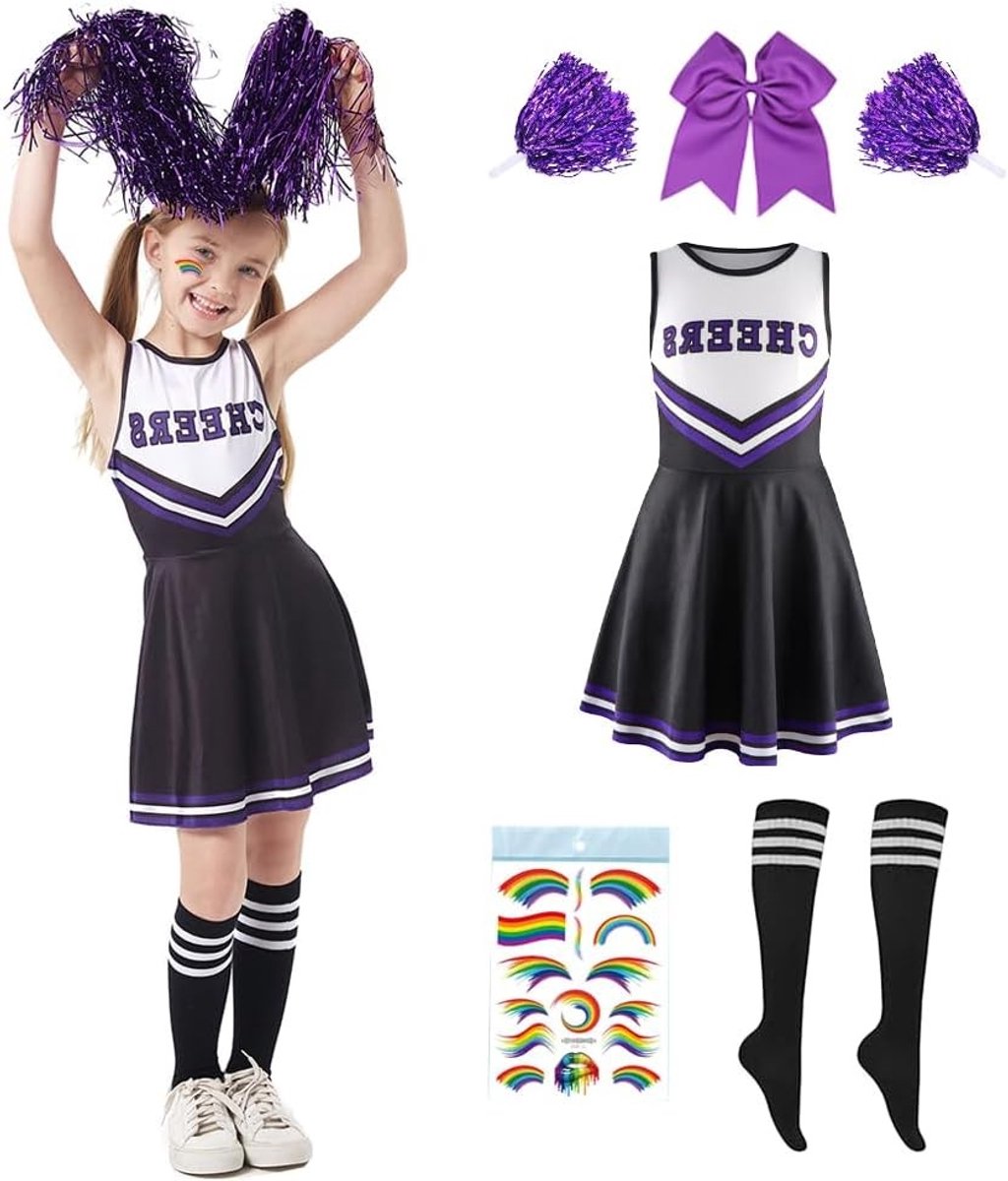 Vrolijke Cheerleader Kostuum voor Meisjes met Pompoms - Perfect voor Carnaval, Sportevenementen en School Cosplay