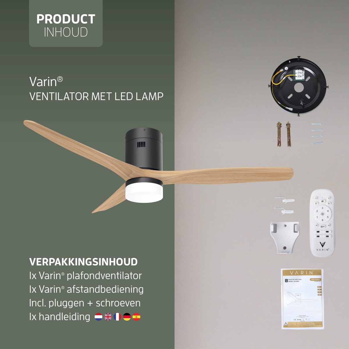 Varin® Smart Ventilator met LED verlichting - Zwart/Naturel - Tuya Wifi - LED 18W CCT - Lange bladen - Ø 132cm - 6 snelheden - Super stil 20dB - Met afstandsbediening en app - Ventilatorkachel - Ventilatoren plafond - Verkoeling en verwarming — afbeelding 9