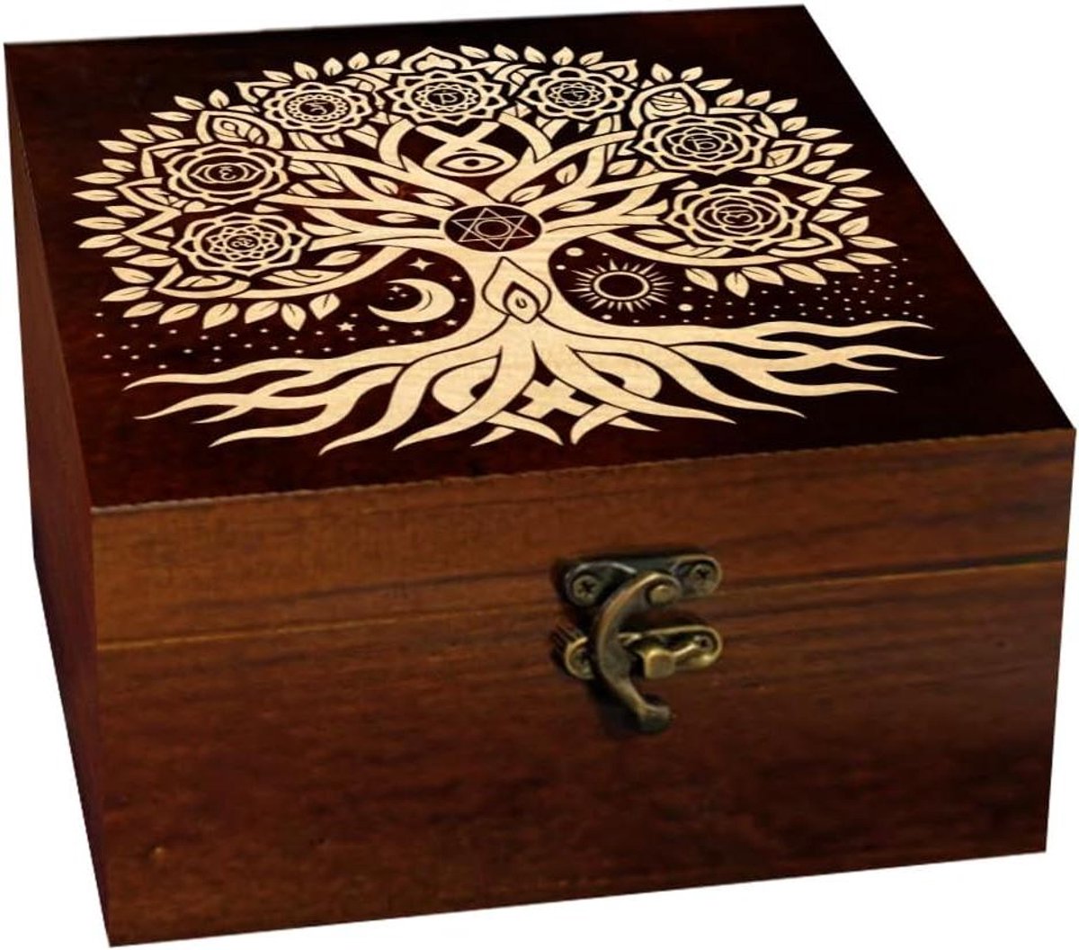 Houten Herinneringsdoos - Decoratieve Kist - Sieraden Opbergen - Uniek Patroon - 12.9 x 12.9 cm - Natuurlijk Hout
