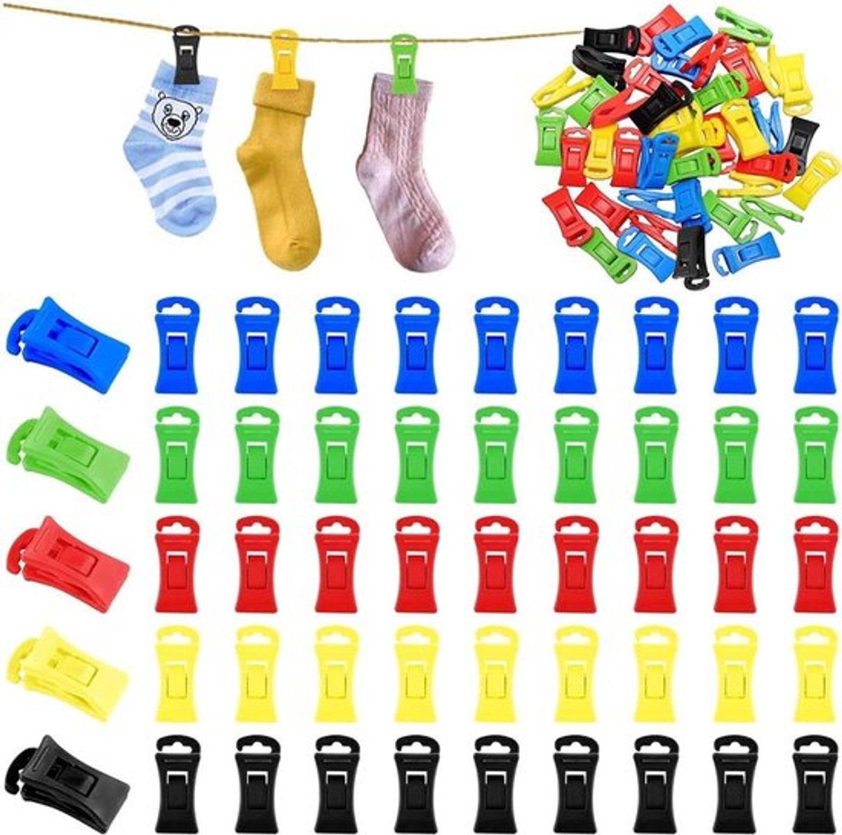 Sokkenclips 50 stuks: anti-slip clips voor wasmachine en droger, kleurrijk, met haakje, opbergzakje