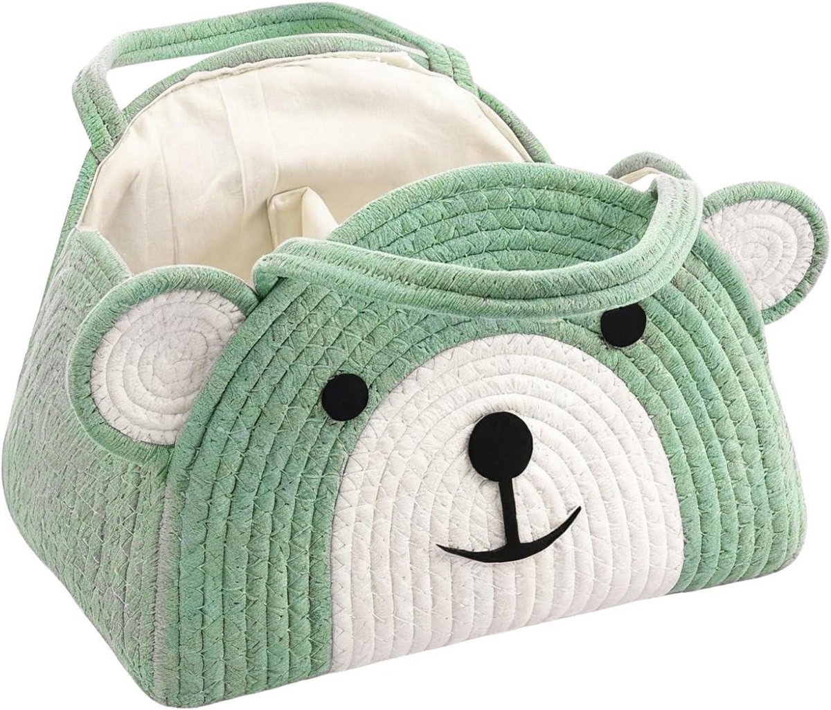 Opbergmand Katoen - Touw mand - Babykamer Organiseren - Schattig Berenontwerp - 32x22x20cm - Groen
