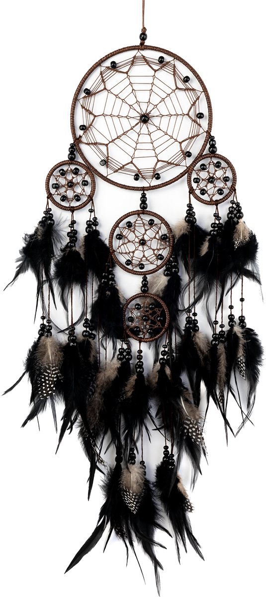 KIMU® Dromenvanger Ster Zwart - Dreamcatcher Veren Macramé - Bohemian Ibiza Kinderen Boho Babykamer Buiten Kado Meisjeskamer Veertjes Festival