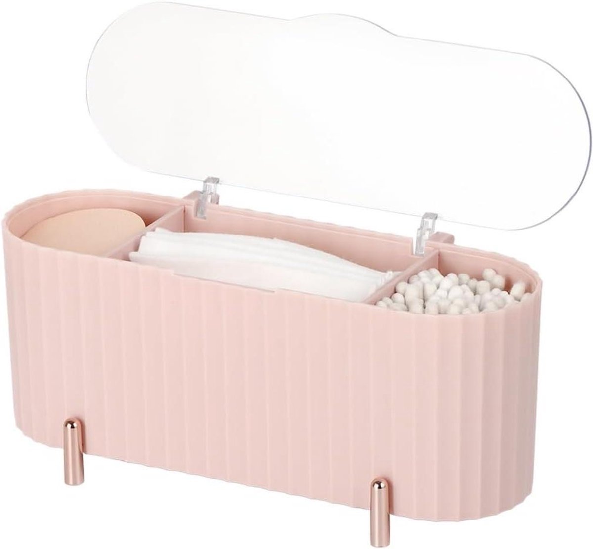 Opbergdoos Katoen - Cosmetica Organizer - Badkamer Organiseren - Drie Compartimenten - 21 x 9 cm - Roze