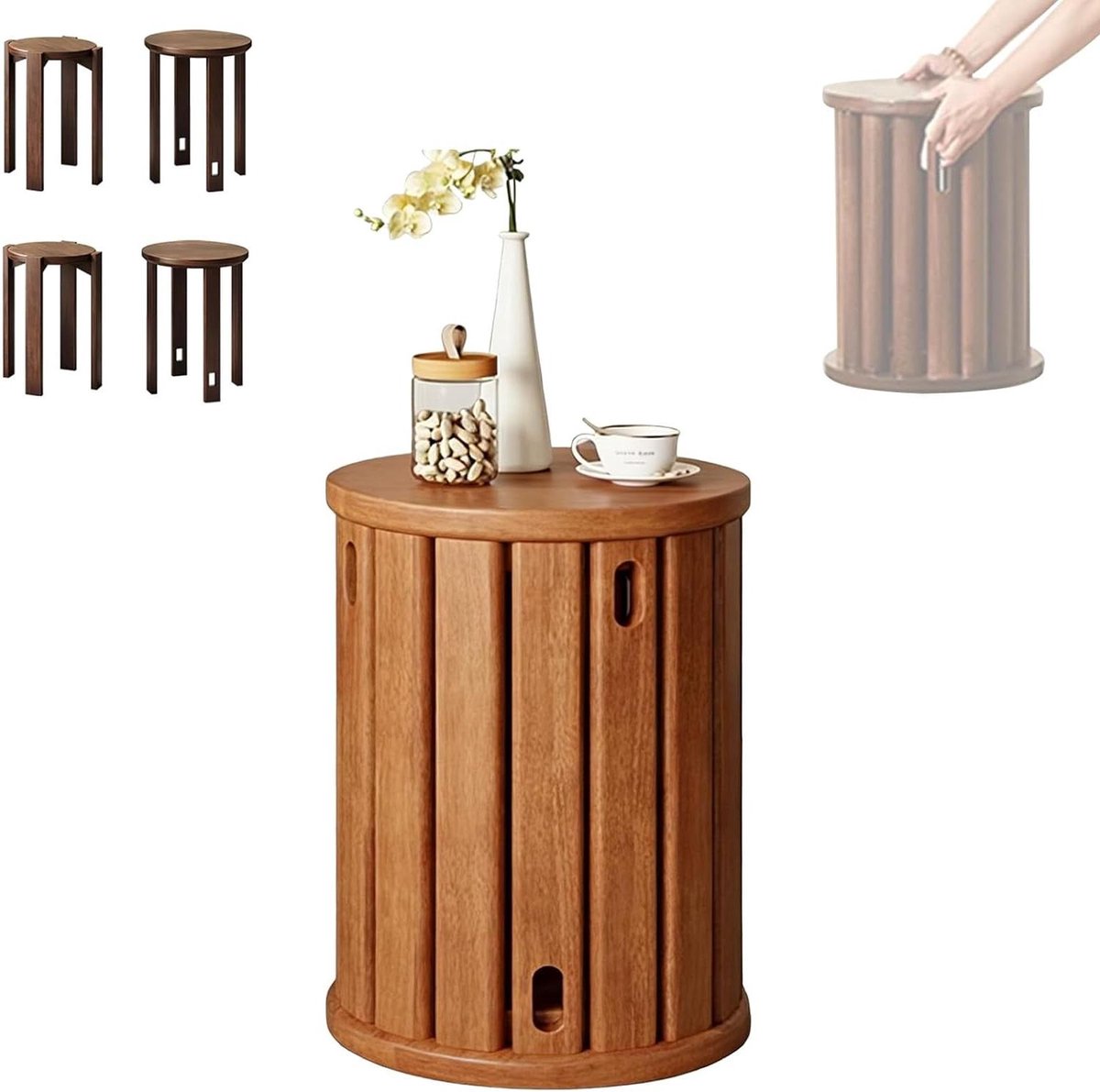 Stapelbare Krukken - Set van 4 - Ruimte Besparen - Massief Hout - 36x44.5cm - Kersenhout
