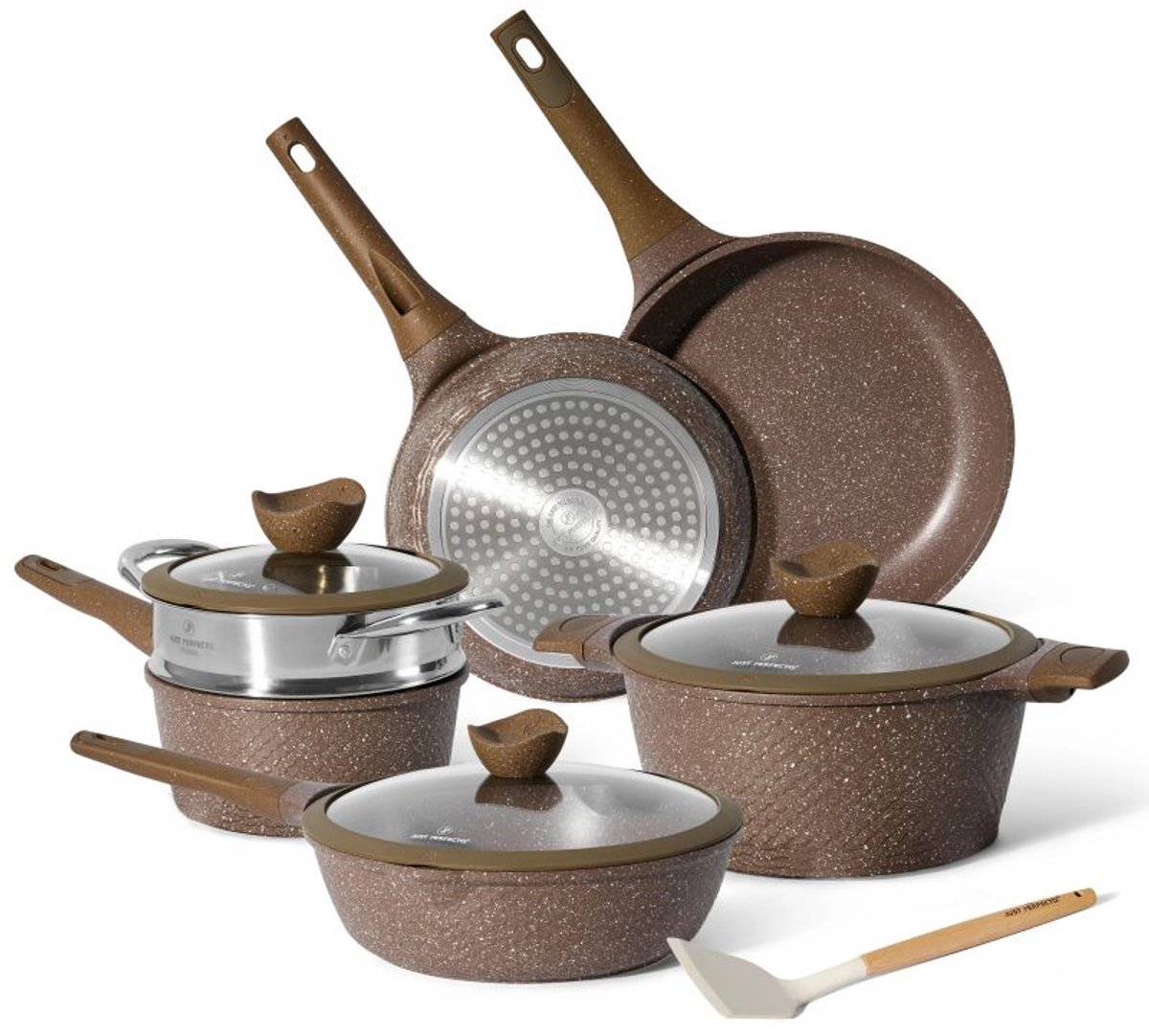 Bol.com 14-delige pannenset met stoompan, antiaanbaklaag in bruin graniet, Just Perfecto JL-26 aanbieding