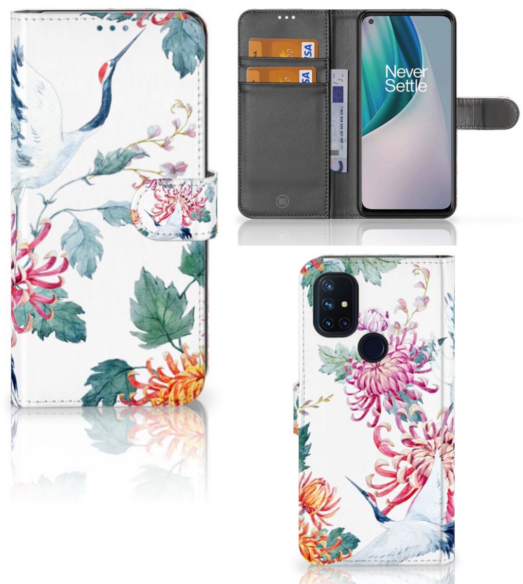 OnePlus Nord N10 Telefoonhoesje met Pasjes Bird Flowers
