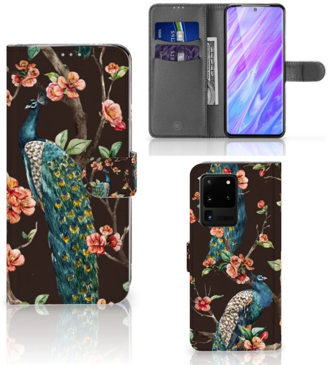Samsung Galaxy S20 Ultra Telefoonhoesje met Pasjes Pauw met Bloemen