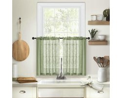 Beydodo Curtains Short Modern 63.5 x 63 cm Green Semi-Transparent Modern Linen Look Plain Curtains Kitchen Curtains Bistro Curtains Set of 2