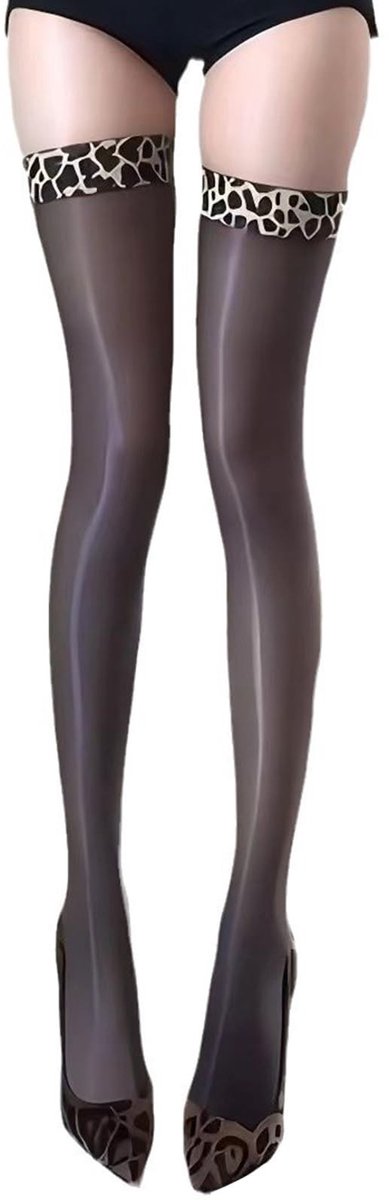 Cosensi - Sexy Halter Stockings - Leopard Patroon - Zelffixerend - Zwart - Kniekousen - Perfect voor Feestjes - One Size