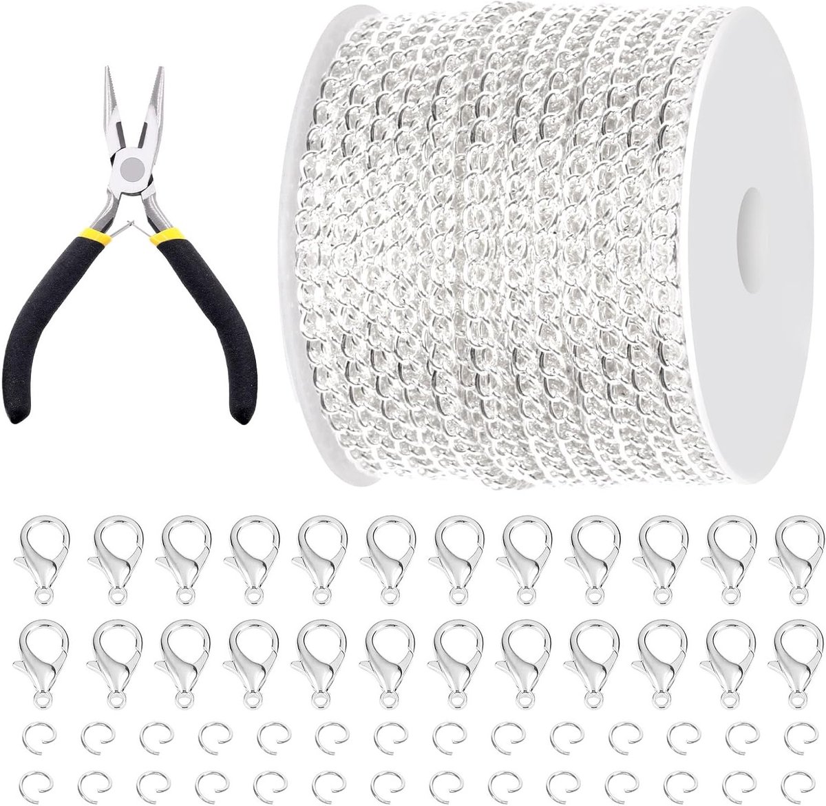 102 Stuks 30 Voet Sieraden Kettingen Set Zilveren Kabel Link Kettingen Voor Sieraden Maken Met Kreeftsluitingen En Verbindingsringen