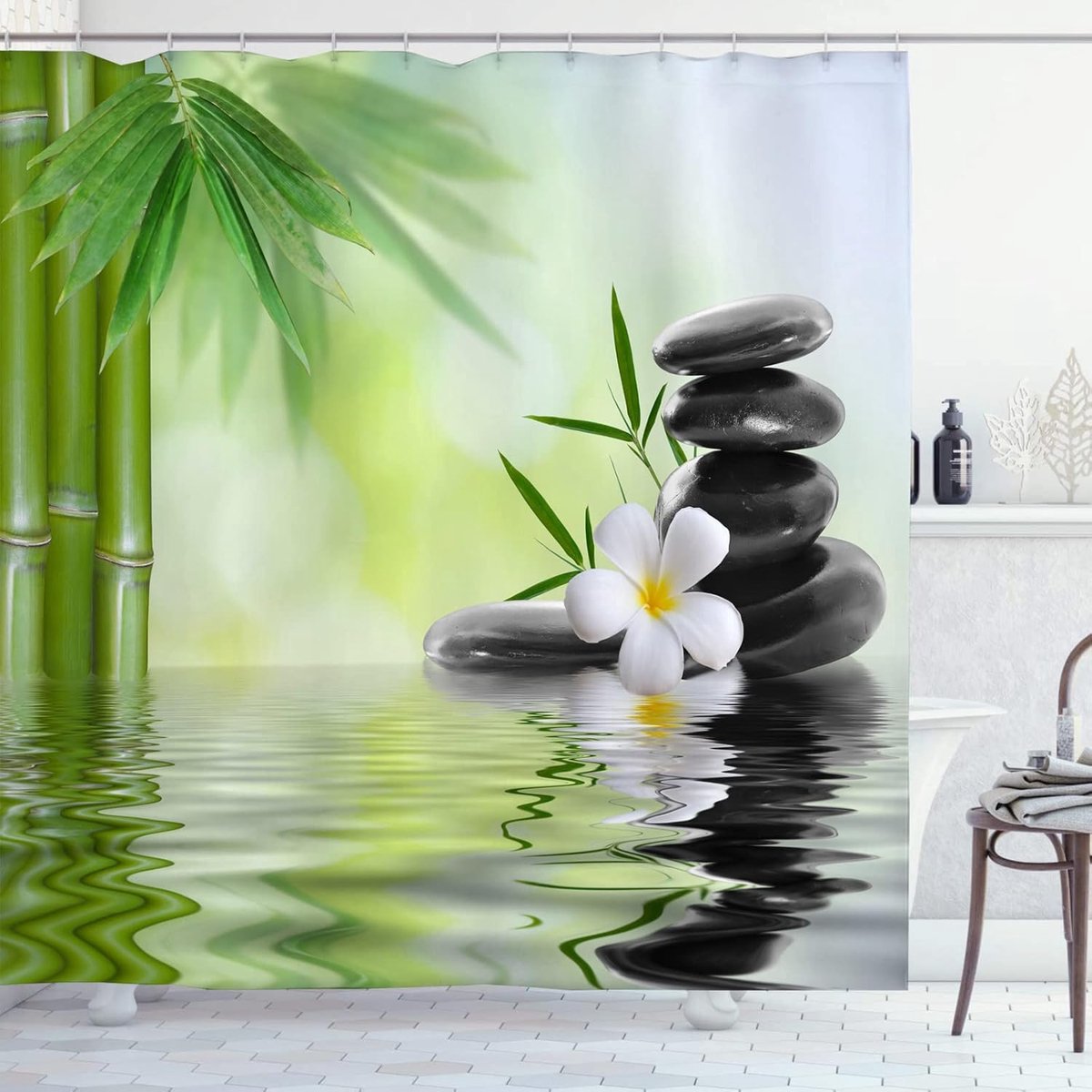 3D Zen Douchegordijn 180x200 – Textiel douchegordijn, schimmelwerend, waterdicht – Motief: Orchidee & Bamboe – Lang badgordijn – Wasbaar stoffen douchegordijn met ringen
