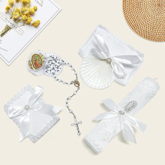 Christening Candle Set for Boys Girls, White 5 Pcs Kit Virgen De Guadalupe Catholic Candle, Christening Towel, Christening Shell, Rosary, Bible Baby Devotion Baptism Gift, Velas para Bautizo Niño — afbeelding 5