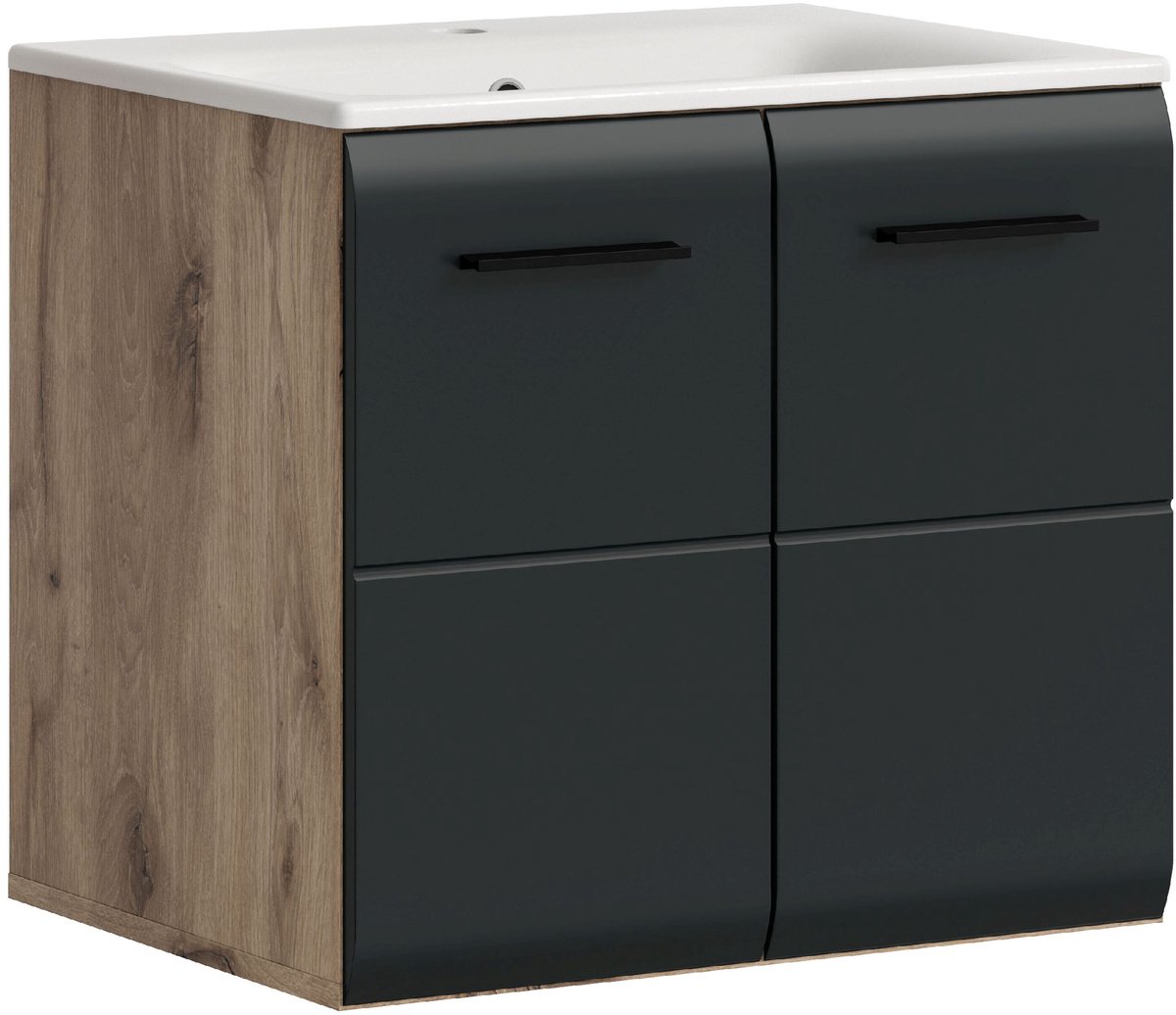 Badmeubel Ice Xonox Met Keramische Wastafel - 60x55x46 Cm - Mat Zwart & Nox Oak - Xonox - Badkamer Enkele Wastafelmeubel - Bruin; Zwart - Spaanplaat