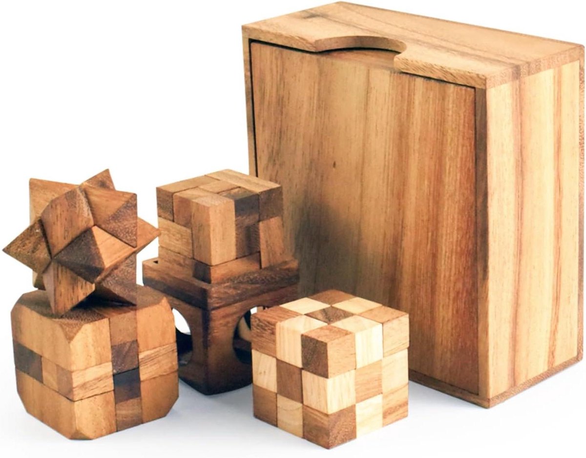Houten Puzzeldoos Sets - 3D Hersenkrakers Logische Puzzels - Geest Trainen - Montage en Demontage - Klein - Houtkleurig
