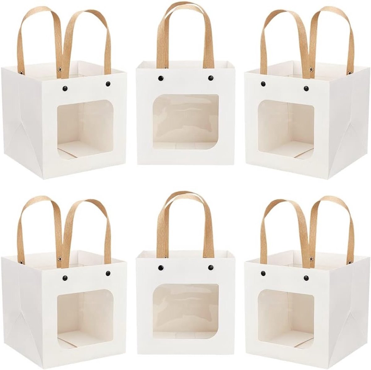 12 Stuks Witte Papieren Tassen 15x15cm met Handvatten voor Cadeaus, Trouwen, Feest en Winkelen - Kraft Papieren Tassen met Duidelijk Venster voor Snoep en Koekjes Verpakking