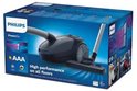 Verpakking van Philips PowerGo stofzuiger met afbeelding van het apparaat en de tekst 'High performance on all floors'.
