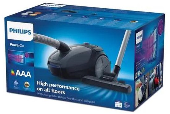 Verpakking van Philips PowerGo stofzuiger met afbeelding van het apparaat en de tekst 'High performance on all floors'.