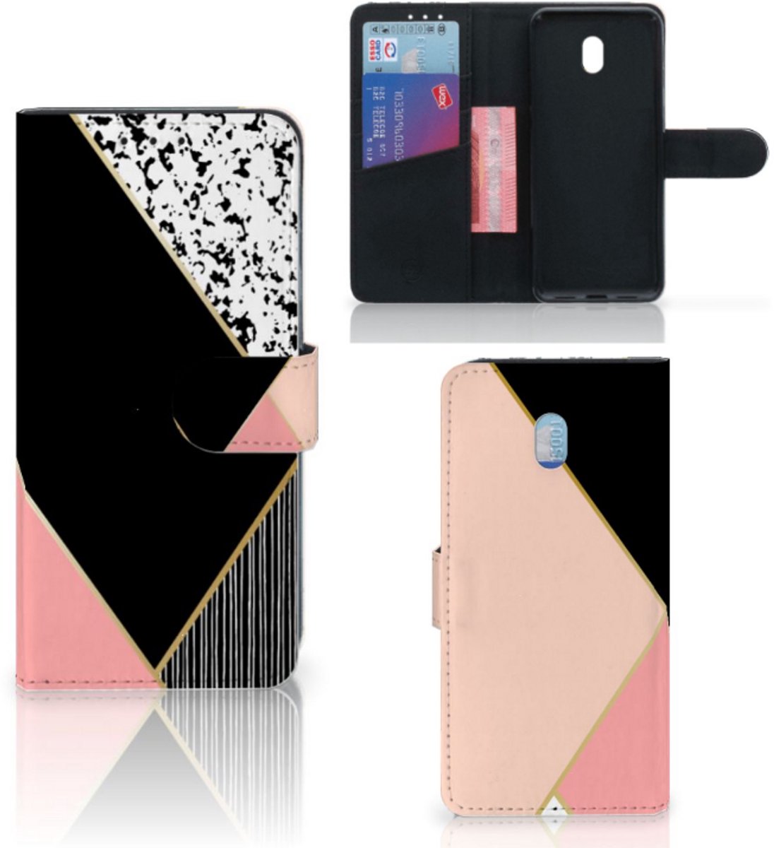 Xiaomi Redmi 8A Book Case Zwart Roze Vormen
