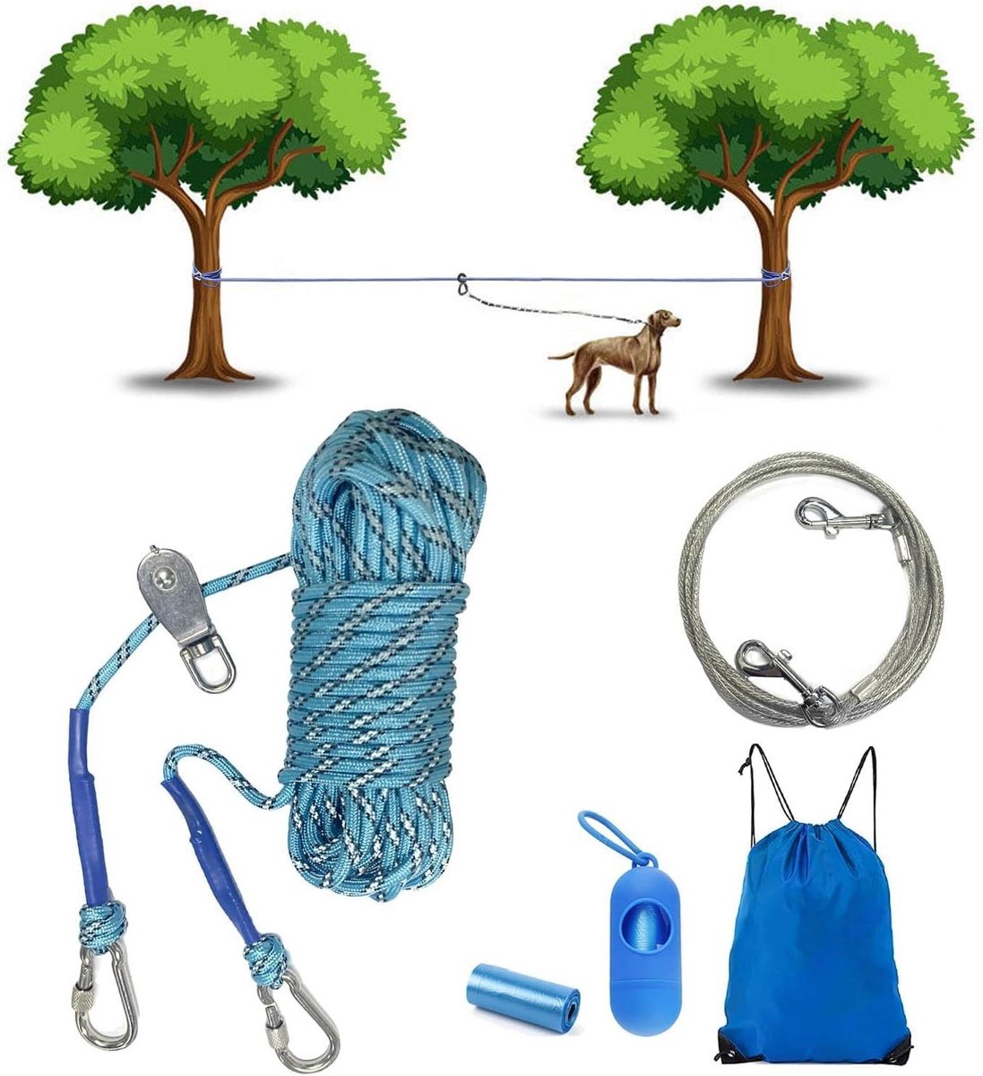 Honden Zipline - Hondenren Kabel - Hond Bewegingsruimte - 360 Graden Katrol - 75FT+10FT - Blauw