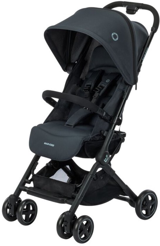 Donkergrijze Maxi-Cosi kinderwagen met zonnekap, zitje en veiligheidstuigje.