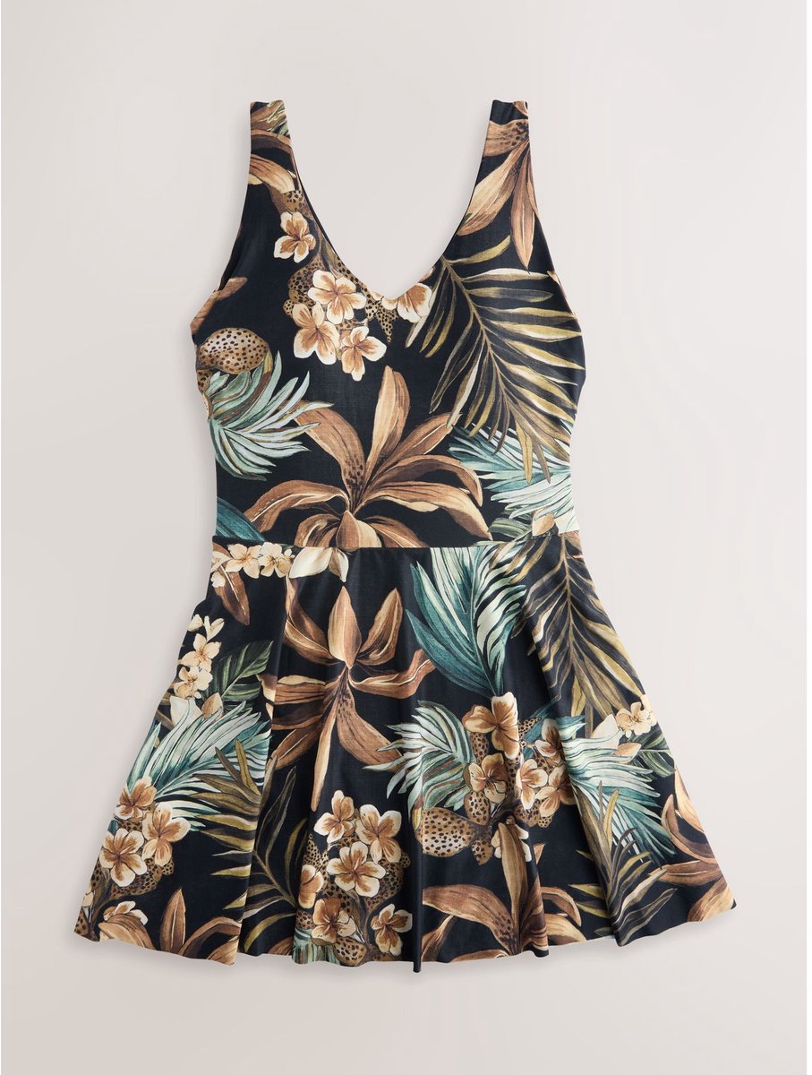 Next Dames - Vormgevende zwemjurk met rokje en buikcontrole - Zwart Black Palm Print