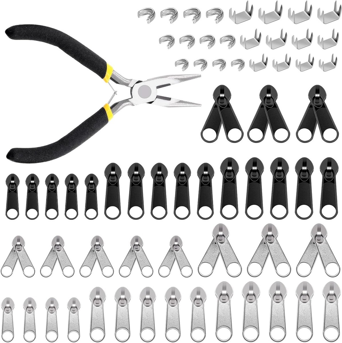 85-delige Ritsreparatieset - Metalen Sliders #3, #5, #8, U-vormige Top Stops en Onderstoppers met Scherpe Pincet - Ideaal voor Ritsvervanging en Reparatie