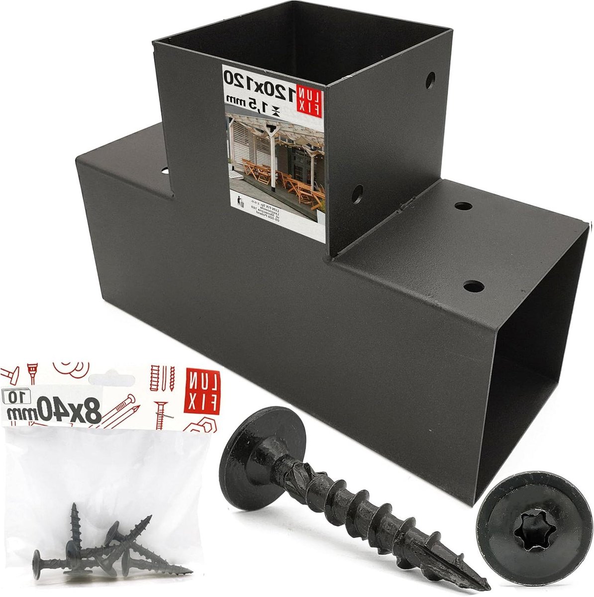 T-connector Staal - Paalverbinder Hoekverbinder - Houten Constructies Verstevigen - Verzinkt Gepoedercoat Metaal - 120x120 mm - Zwart