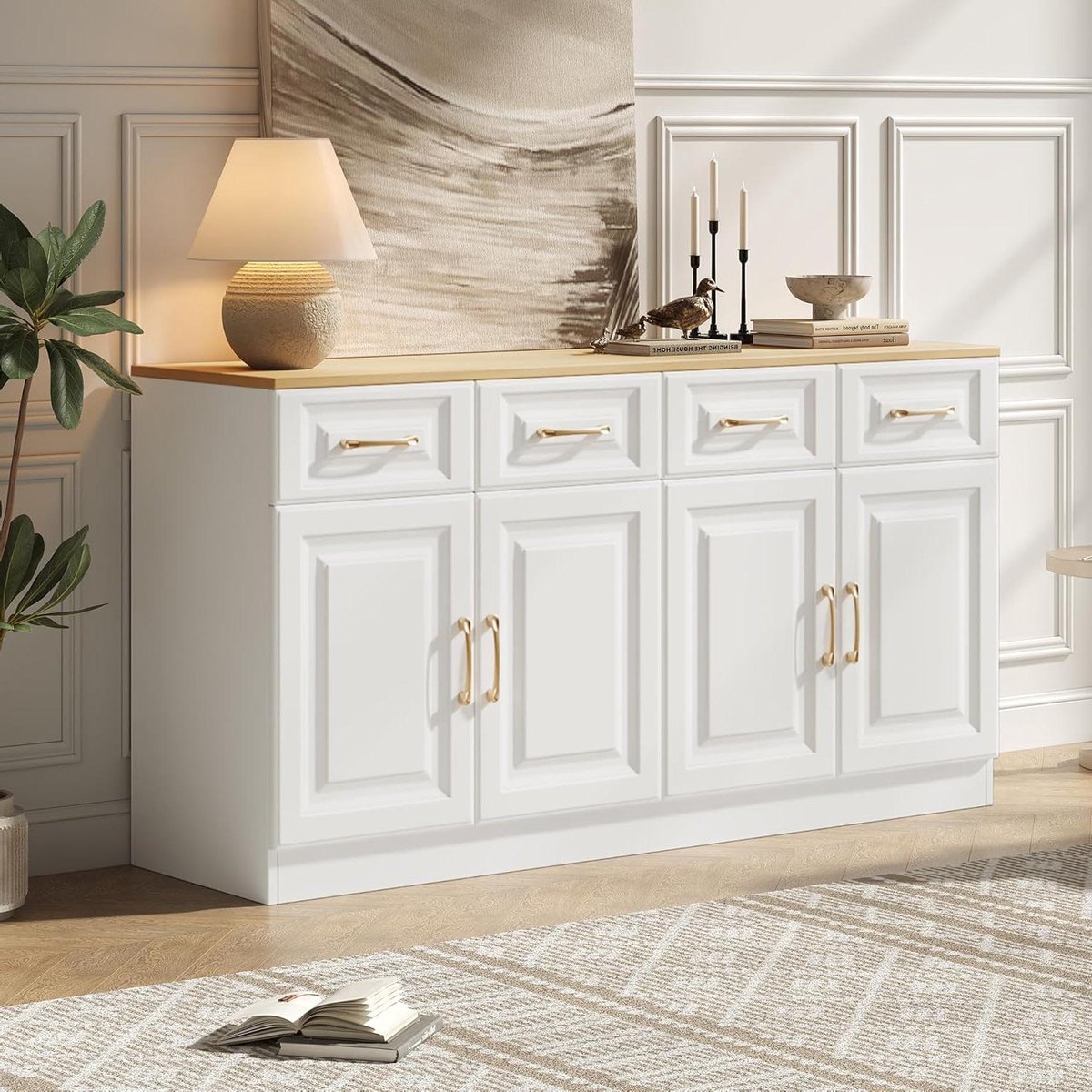 Buffetkast Met Opbergruimte - Dressoir Landelijke Stijl - Keuken Eetkamer Organisatie - Vier Lades Vier Deuren - 140 cm Breed