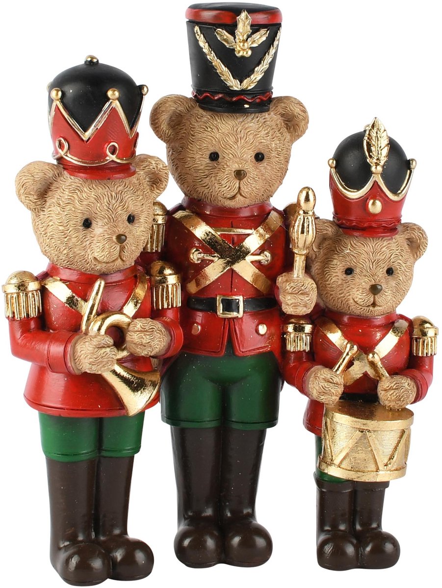 Dekoratief | Trio beren m/muziekinstrument, rood/groen, resina, 13x6x17cm | A265855