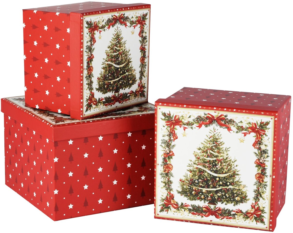 Dekoratief | Set 3 dozen 'Dazzling Tree', rood/wit, karton, 18x18x13cm | A265665