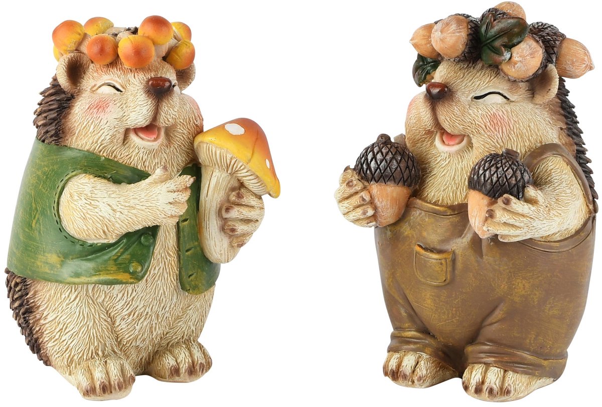 Dekoratief | Egel m/paddenstoel/eikels, groen/bruin, resina, 8x9x14cm, set van 2 stuks | A265288